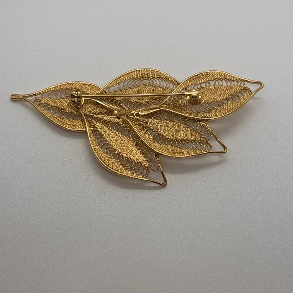 Gold Filigree‎ Leaf Brooch Pin Statement Jewelry